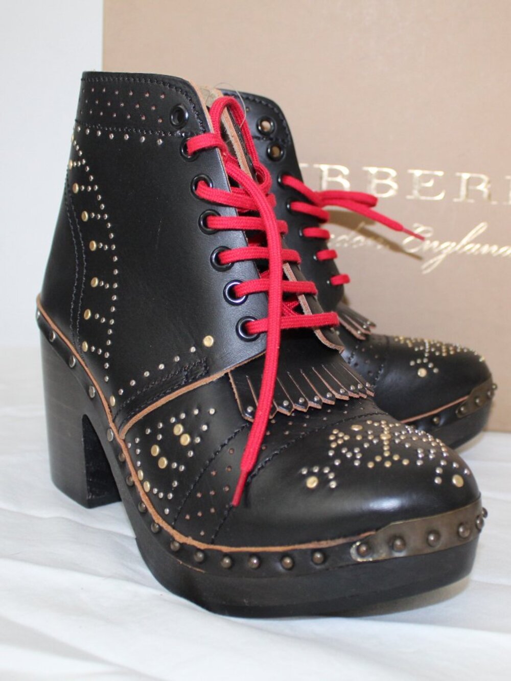 NWB Burberry Riveted Studded Brown Leather Heeled Clog Ankle Boots Booties 39